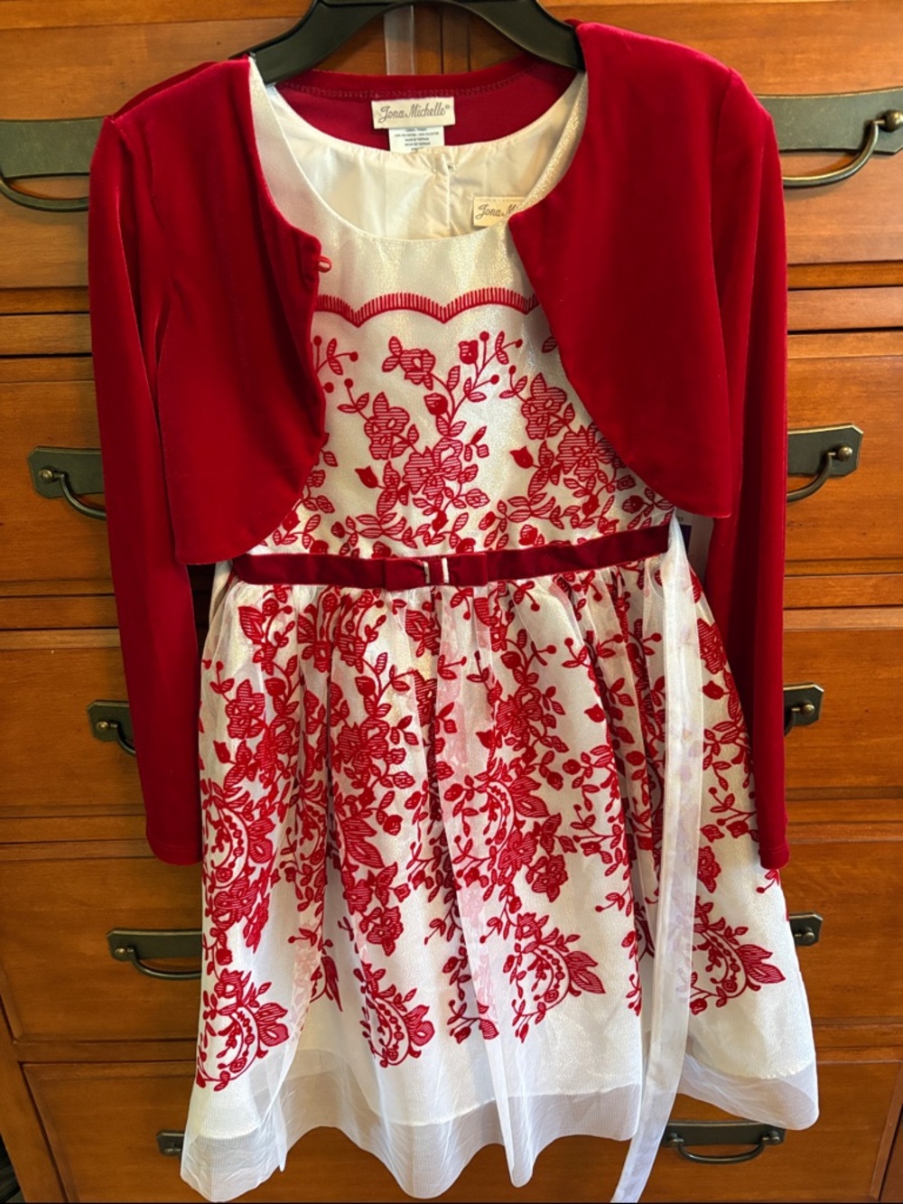 Jona Michelle Red and White Floral Party Dress with Red Bolero Jacket